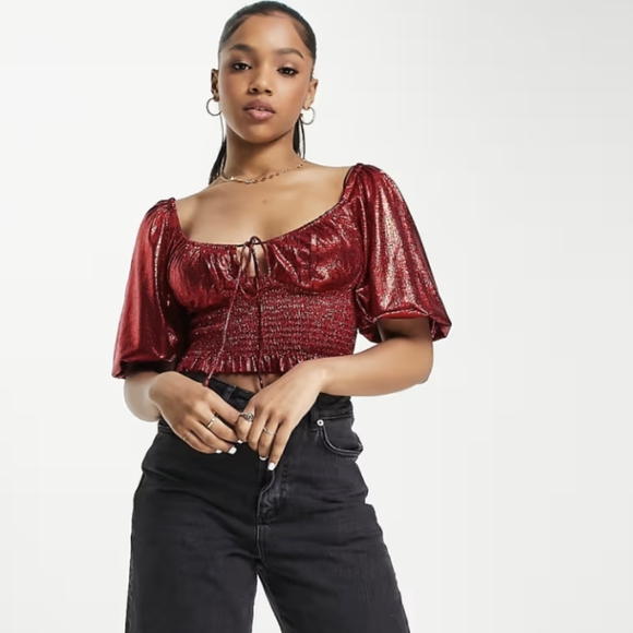 Love Triangle Milk Maid Crop Top Red Sparkle Balloon Sleeve Womens 6 NWT Ruching - Picture 1 of 7